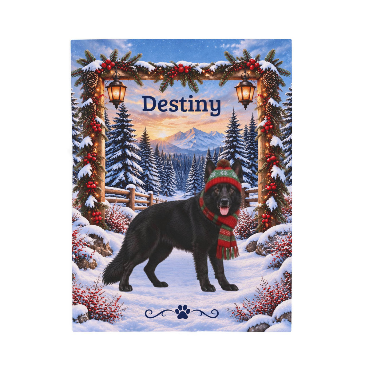 German Shepherd (Black Coat) - Personalized Winter Woodland Blanket, Custom Name Velveteen Throw - MySisterIsAsurvor