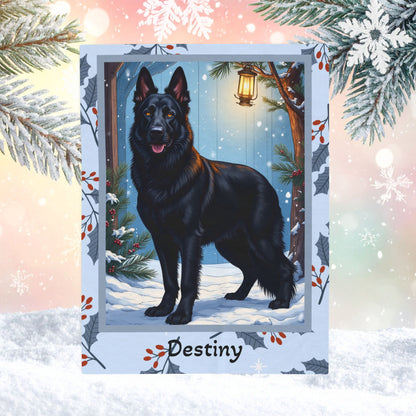 German Shepherd Black custom winter blanket with strong German Shepherd artwork in a cozy snowy lodge scene
