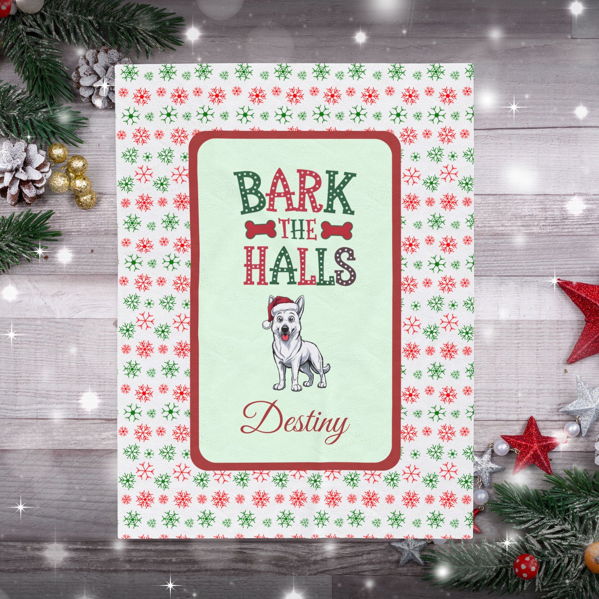 German Shepherd White personalized velveteen dog blanket Bark The Halls festive holiday throw