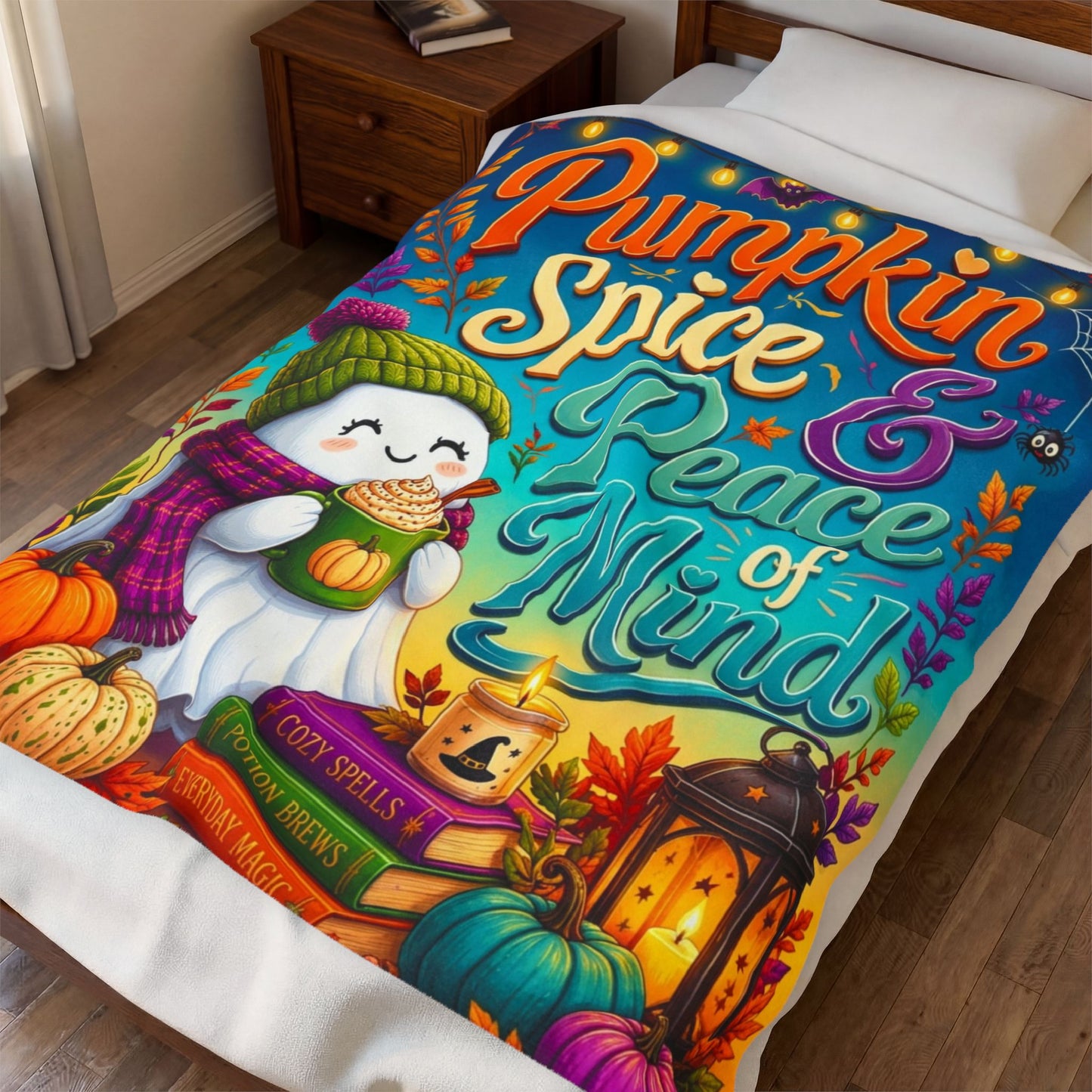 Pumpkin Spice & Peace of Mind Velveteen Blanket - Ghost with Pumpkin Latte and Cozy Spells Candle