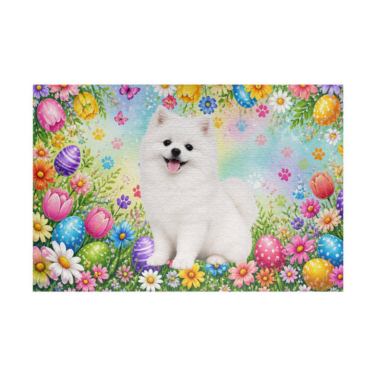 Pomeranian (White) Easter Puppy Puzzle - Spring Garden with Eggs, Tulips, and Daisies