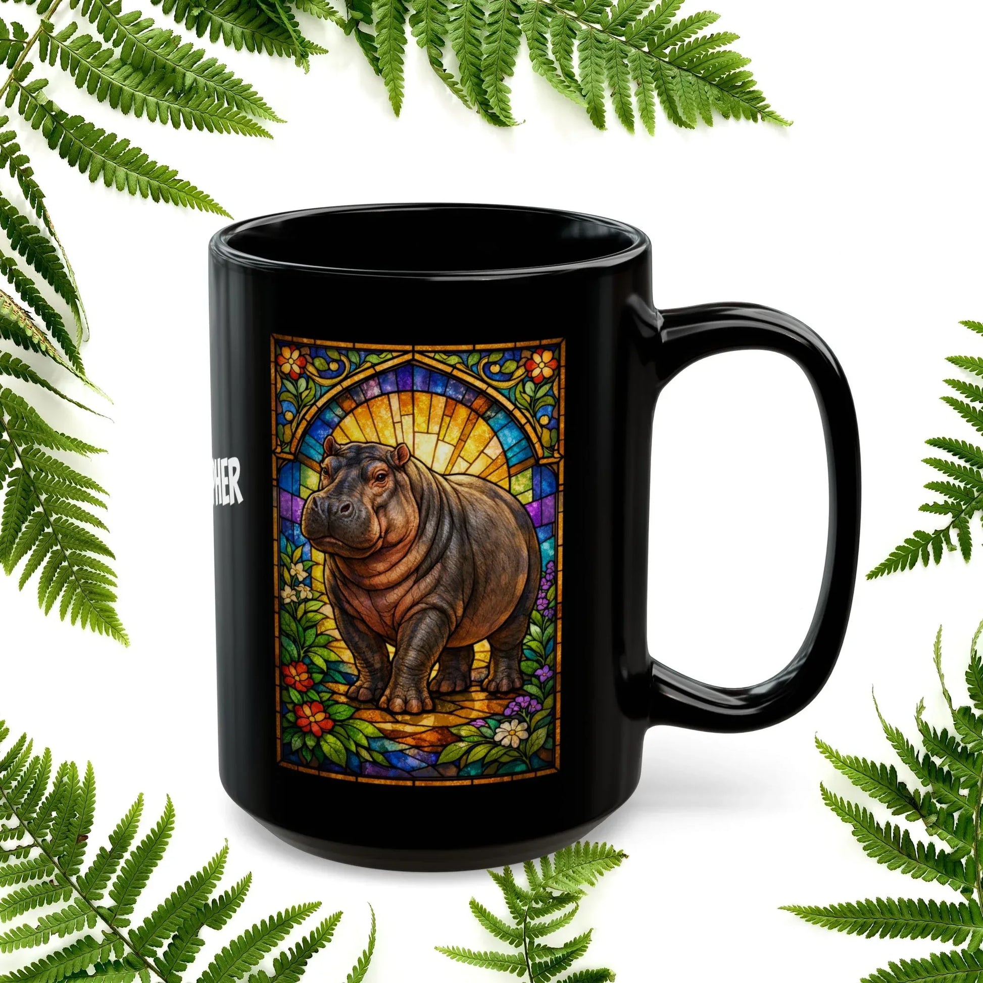 Shop our premium hippopotamus stained glass style black mug from MySisterIsASurvivor.
