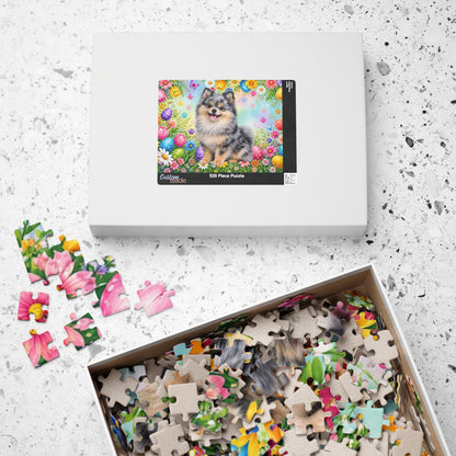 Pomeranian (Blue Merle) Easter Puppy Puzzle - Spring Garden with Eggs, Tulips, and Daisies