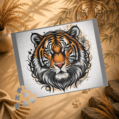 Tiger Spirit - Tattoo-Style Tiger Puzzle with Ornamental Flourishes on White