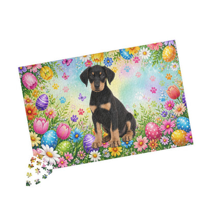 Doberman (Black & Tan) Easter Puppy Puzzle - Spring Garden with Eggs, Tulips, and Daisies