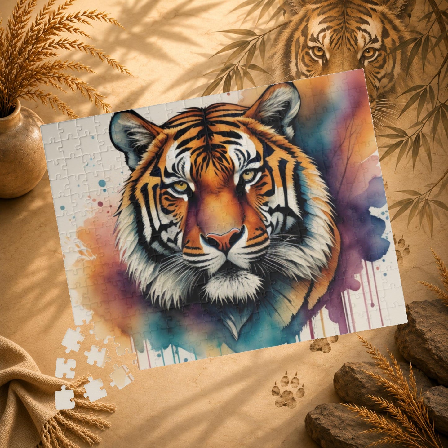 Stalking Serenity - Watercolor Tiger Puzzle with Peach, Purple, and Teal Washes on White