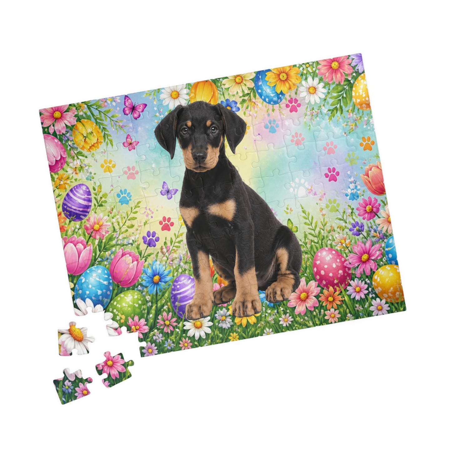 Doberman (Black & Tan) Easter Puppy Puzzle - Spring Garden with Eggs, Tulips, and Daisies