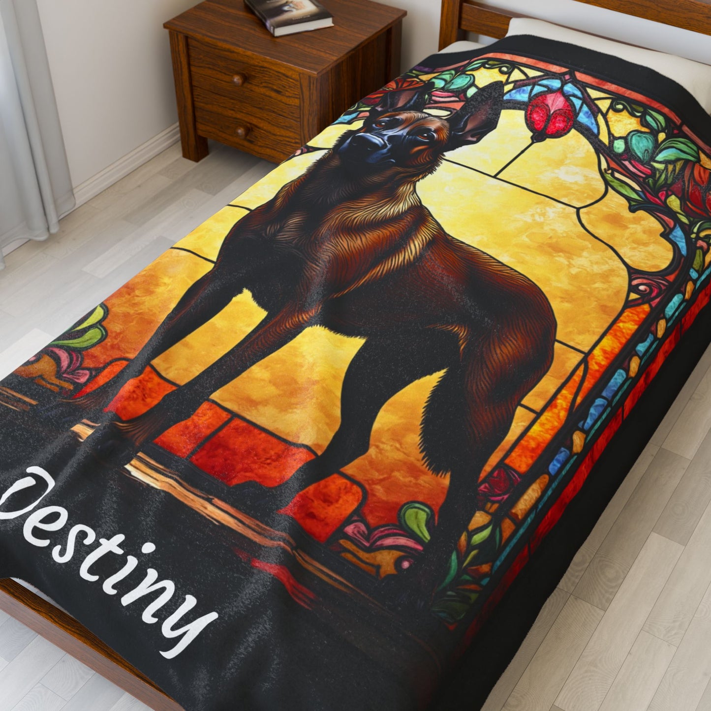 Belgian Malinois red sable velveteen blanket, dog throw, personalized stained glass pet gift - MySisterIsASurvivor