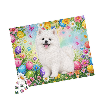 Pomeranian (White) Easter Puppy Puzzle - Spring Garden with Eggs, Tulips, and Daisies