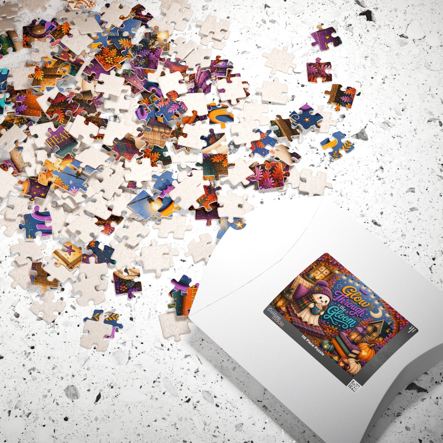 Glow Through the Gloom Halloween Puzzle - Cozy Ghost with Heart Mug, Kind Heart Books, and Cottage