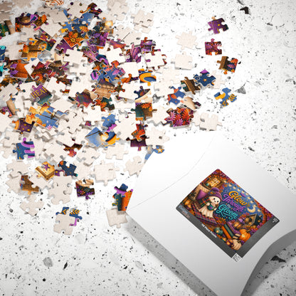 Glow Through the Gloom Halloween Puzzle - Cozy Ghost with Heart Mug, Kind Heart Books, and Cottage
