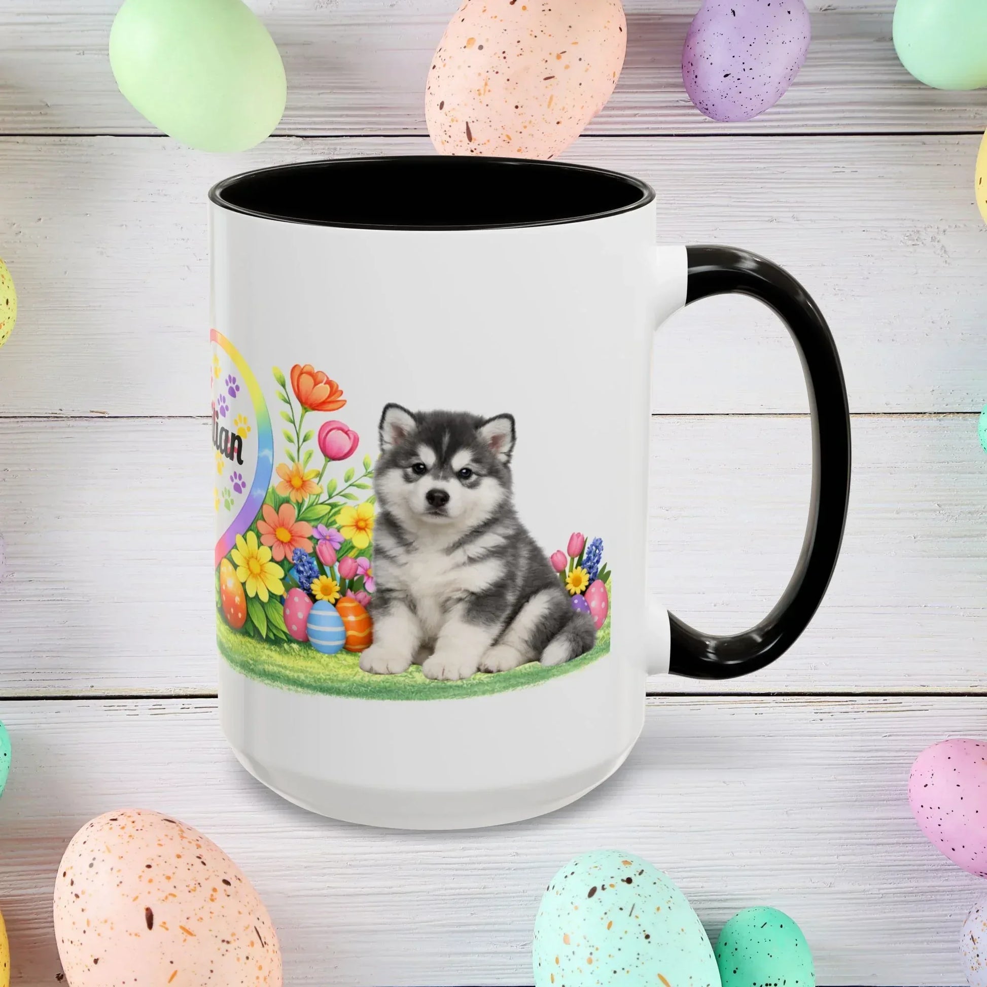 Shop our alaskan malamute blue white puppy easter mug featuring the 15oz style option from MySisterIsASurvivor.