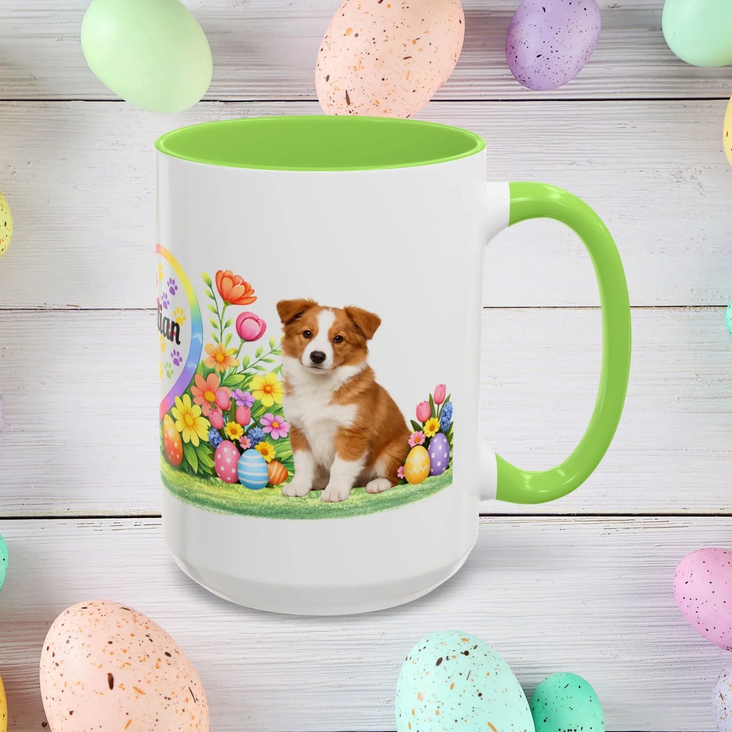 Shop our border collie red white puppy easter mug featuring the 15oz style option from MySisterIsASurvivor.