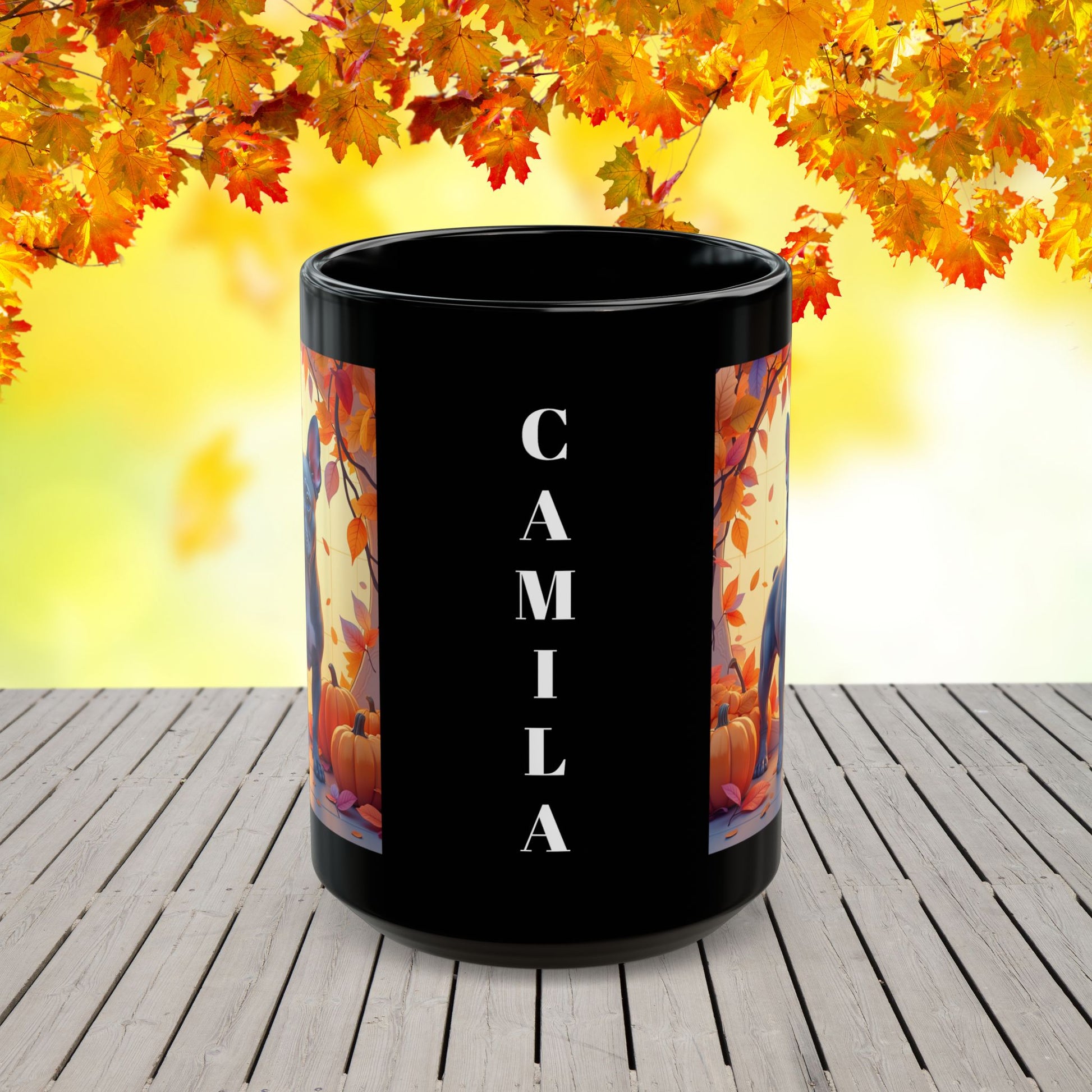 French Bulldog (Blue) Autumn Coffee Mug - Fall coffee cup for dog lovers, cute French Bulldog mug, personalized