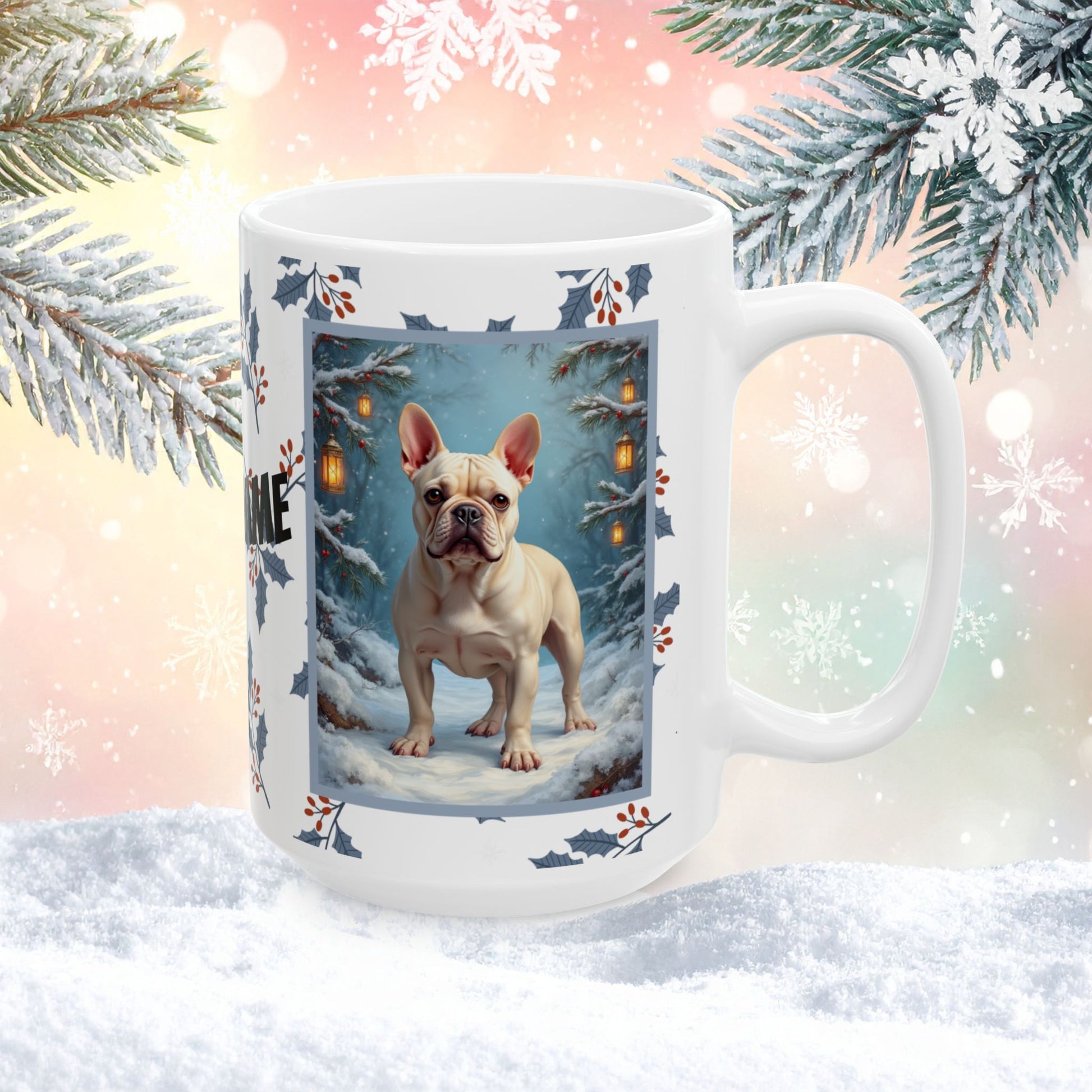 French Bulldog (Cream) Winter Mug - cream French Bulldog artwork standing in a bright winter setting with soft snowy details