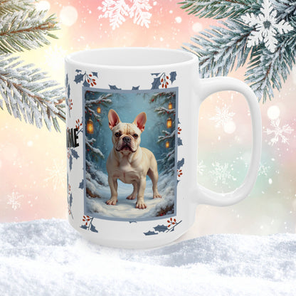 French Bulldog (Cream) Winter Mug - cream French Bulldog artwork standing in a bright winter setting with soft snowy details