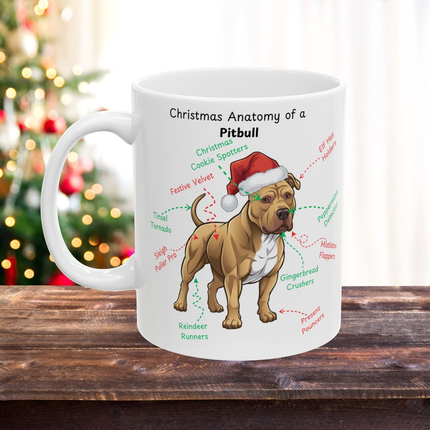 Pitbull ( Buckskin) Personalized Coffee Mug - Christmas Themed Dog Anatomy and Wish List