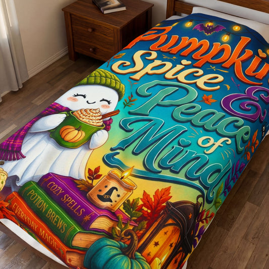 Pumpkin Spice & Peace of Mind Velveteen Blanket - Ghost with Pumpkin Latte and Cozy Spells Candle