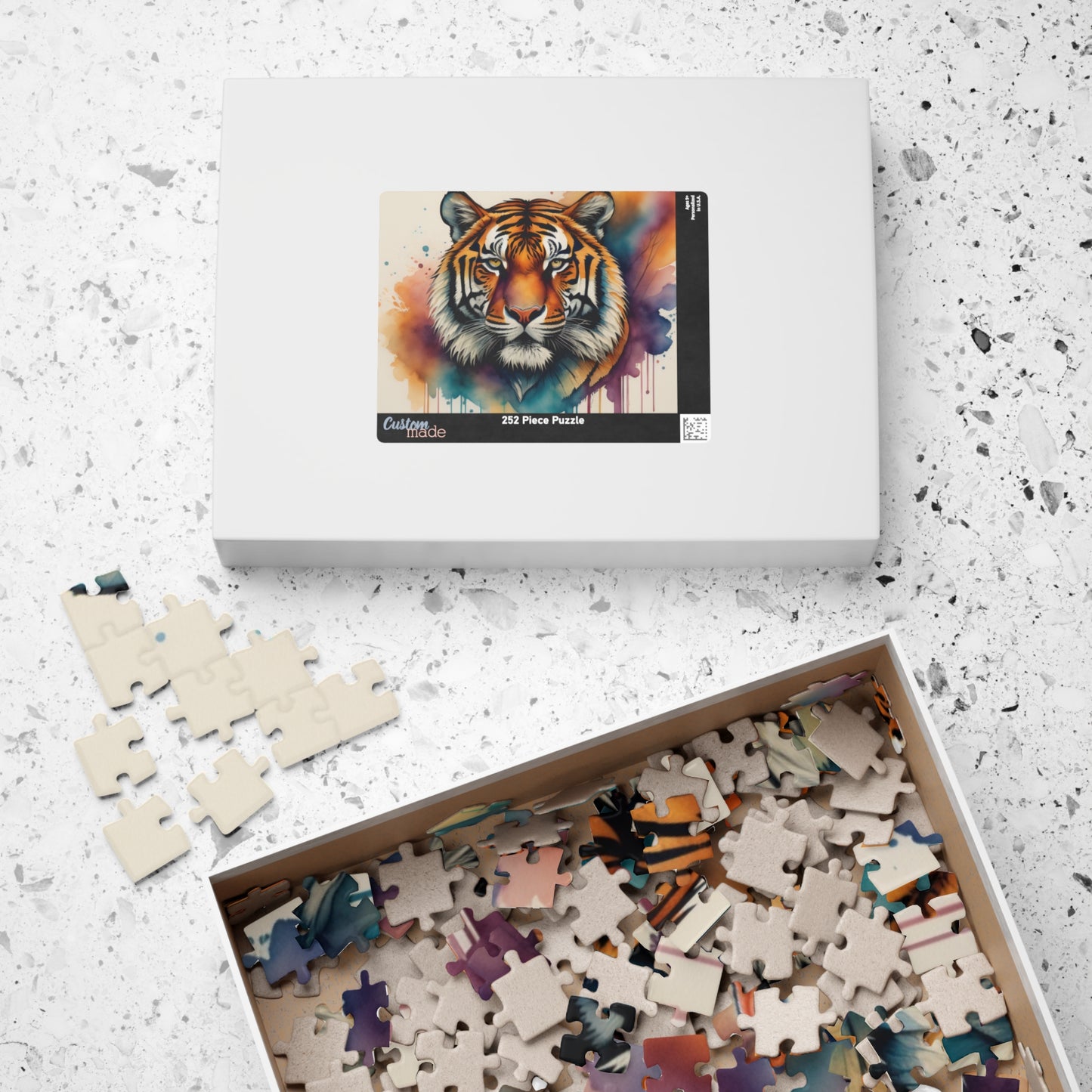 Stalking Serenity - Watercolor Tiger Puzzle with Peach, Purple, and Teal Washes on White