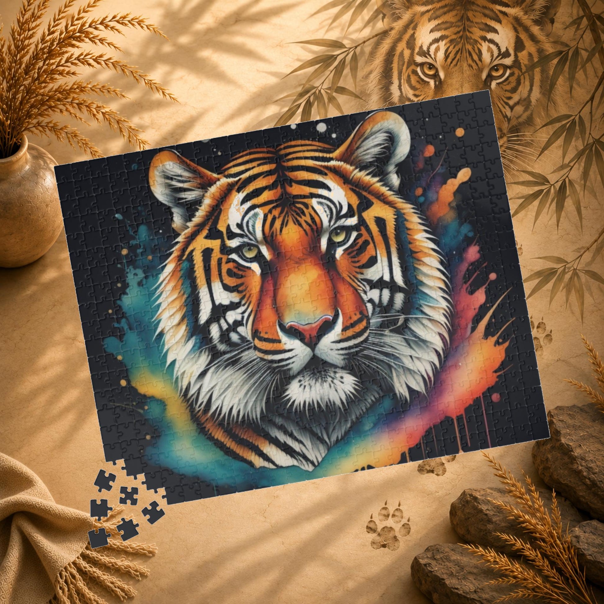 Jigsaw puzzle with a colorful tiger design on a white background