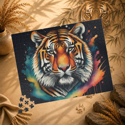 Jigsaw puzzle with a colorful tiger design on a white background