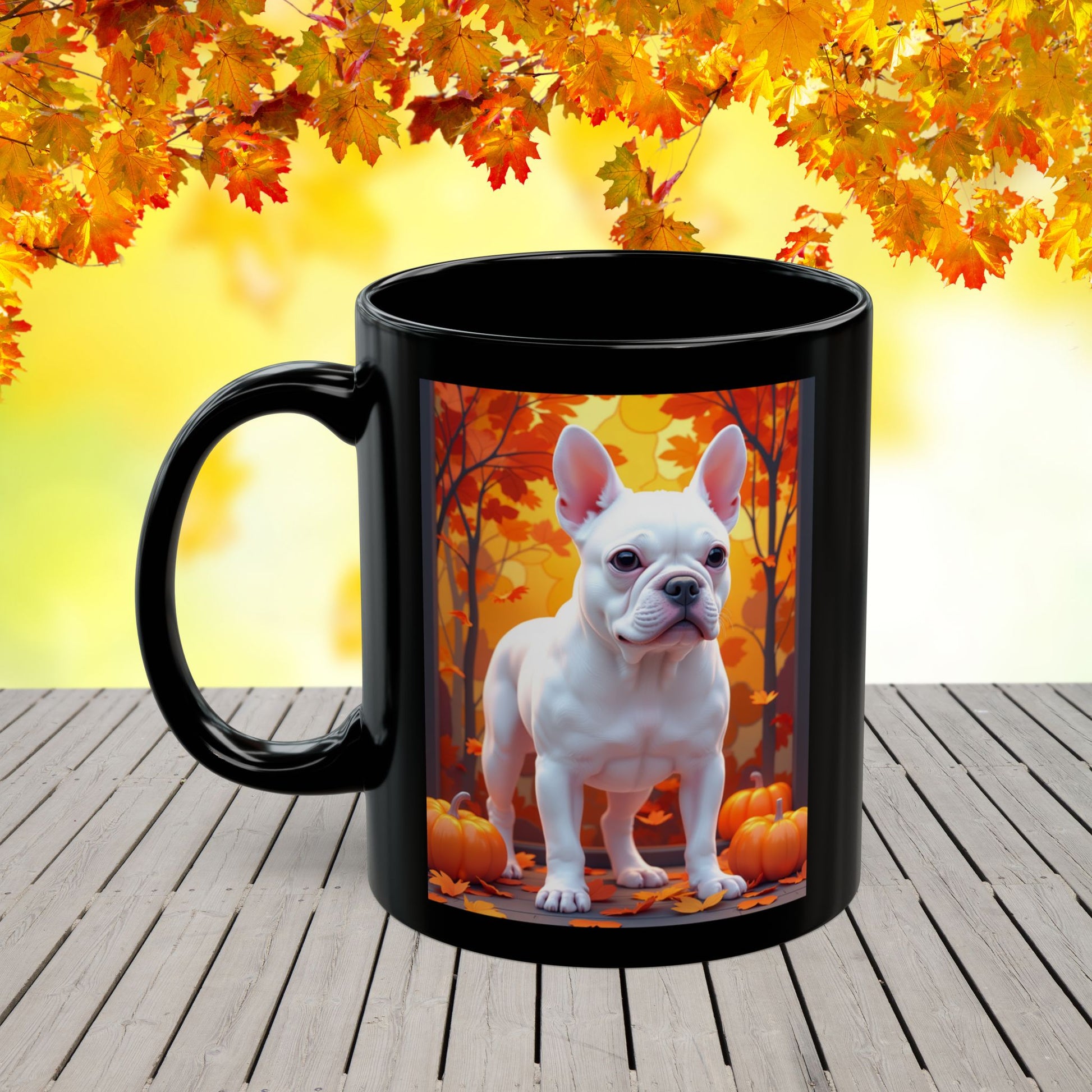 White French Bulldog Autumn Black Mug - Cozy fall dog breed coffee cup gift