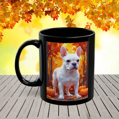 White French Bulldog Autumn Black Mug - Cozy fall dog breed coffee cup gift