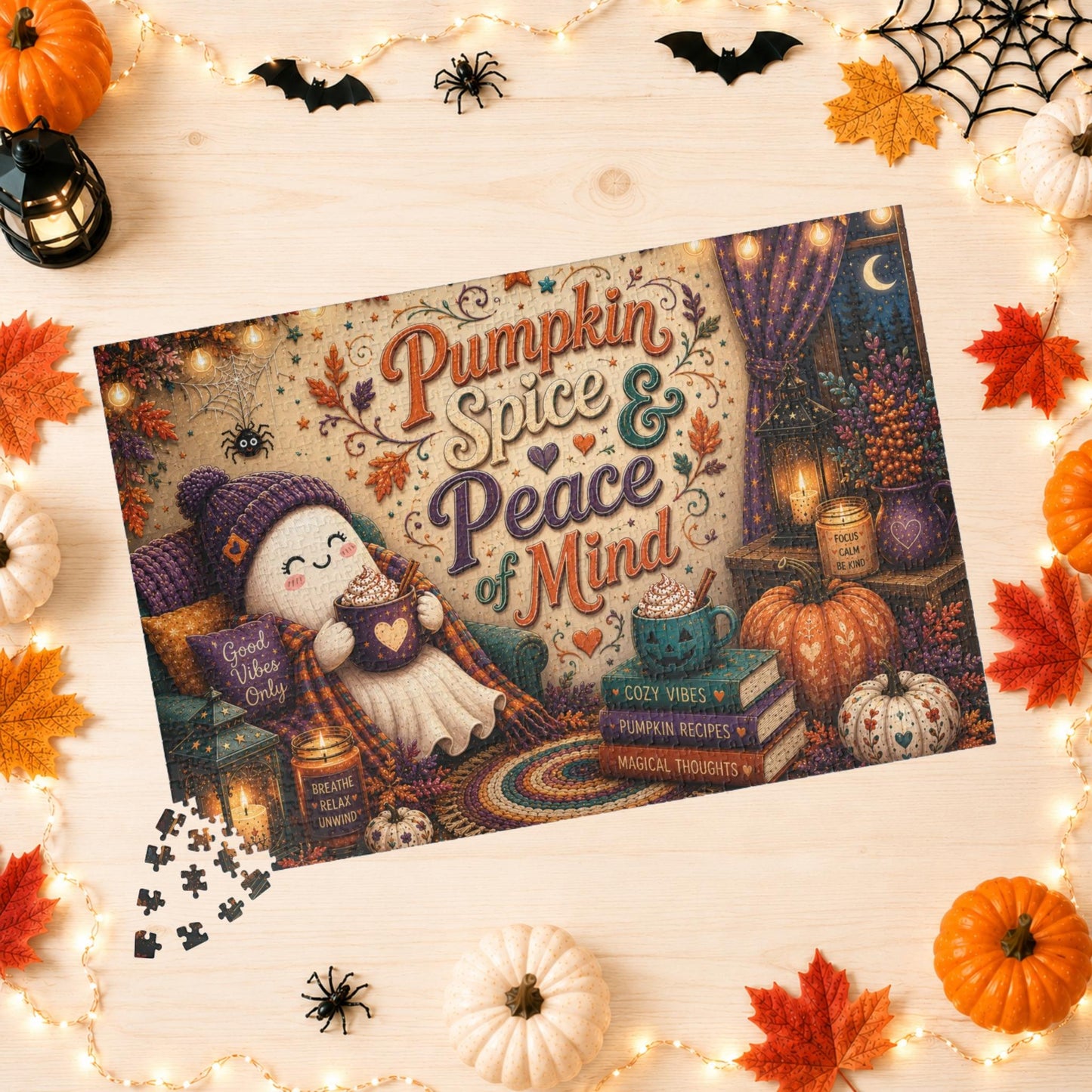 Pumpkin Spice and Peace of Mind Halloween Puzzle - Cozy Ghost with Heart Mug, Good Vibes Pillow, and Pumpkin Recipe Books
