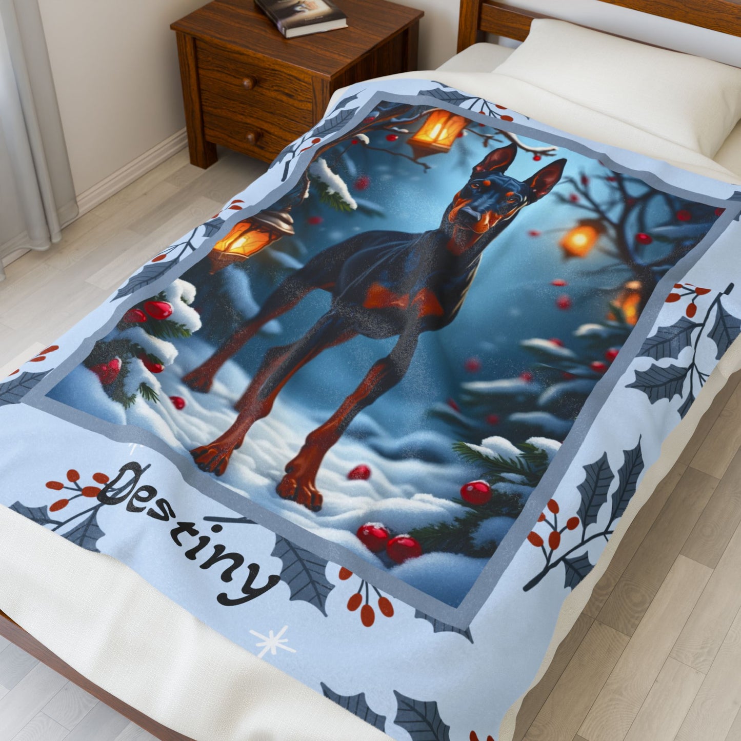Doberman Blue and Rust personalized winter dog blanket with elegant Doberman artwork and bright snowy lodge scenery
