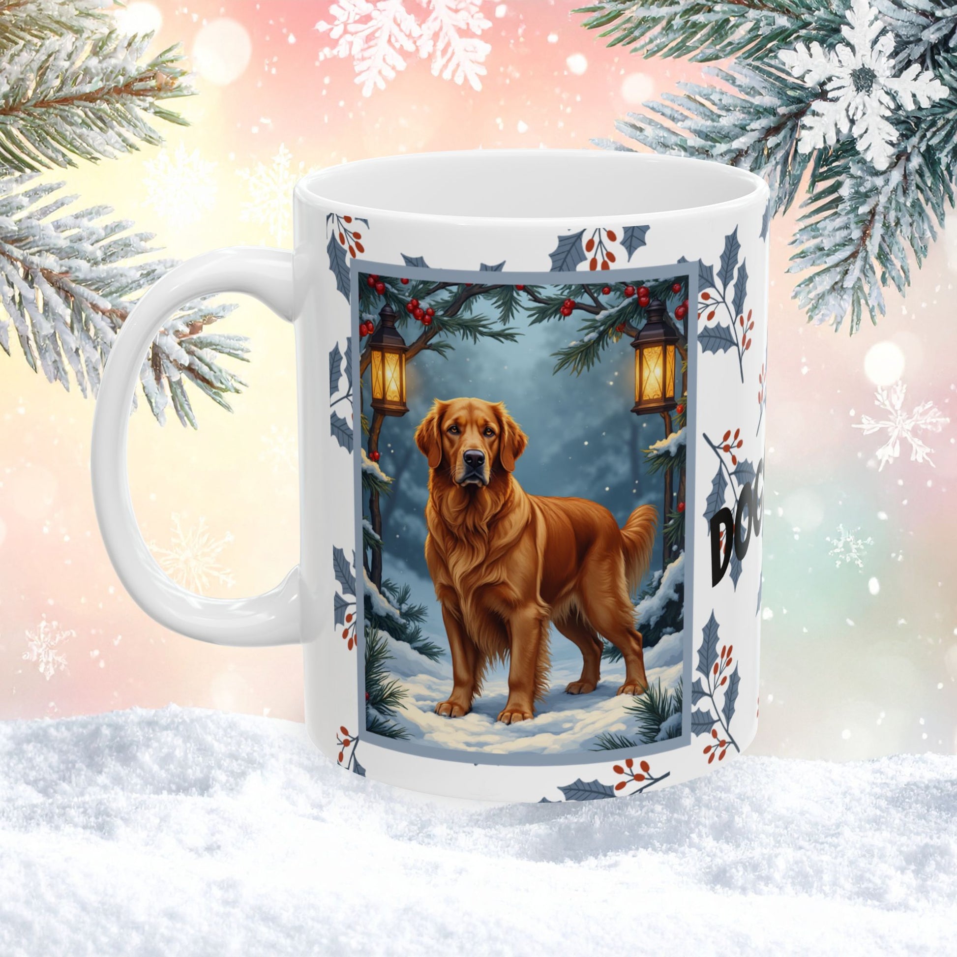 Golden Retriever (Dark Golden) Winter Mug - dark golden retriever illustrated standing in a festive winter setting