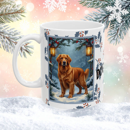 Golden Retriever (Dark Golden) Winter Mug - dark golden retriever illustrated standing in a festive winter setting