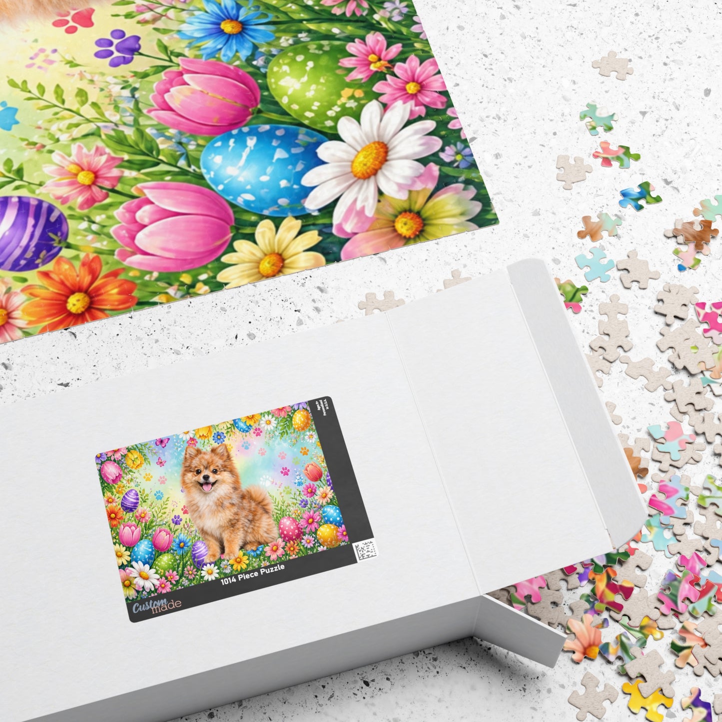 Pomeranian (Orange Merle) Easter Puppy Puzzle - Spring Garden with Eggs, Tulips, and Daisies