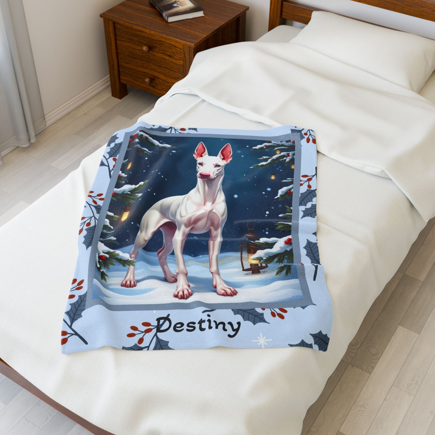 Doberman White personalized winter Doberman blanket with crisp white coat artwork in a cozy winter lodge scene