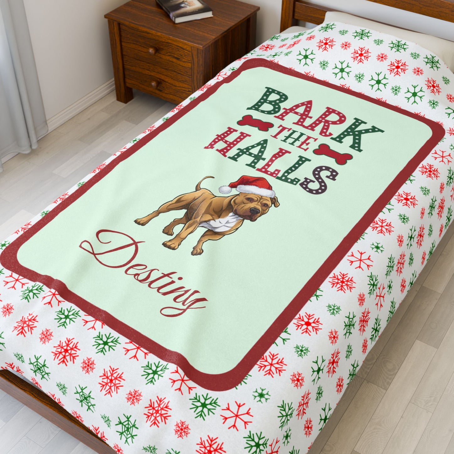 Pitbull (Buckskin) Personalized Velveteen Plush Blanket - "Bark The Halls" | Cozy Holiday Gift for Dog Lovers