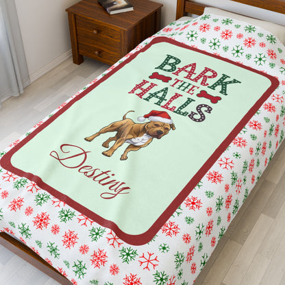 Pitbull (Buckskin) Personalized Velveteen Plush Blanket - "Bark The Halls" | Cozy Holiday Gift for Dog Lovers