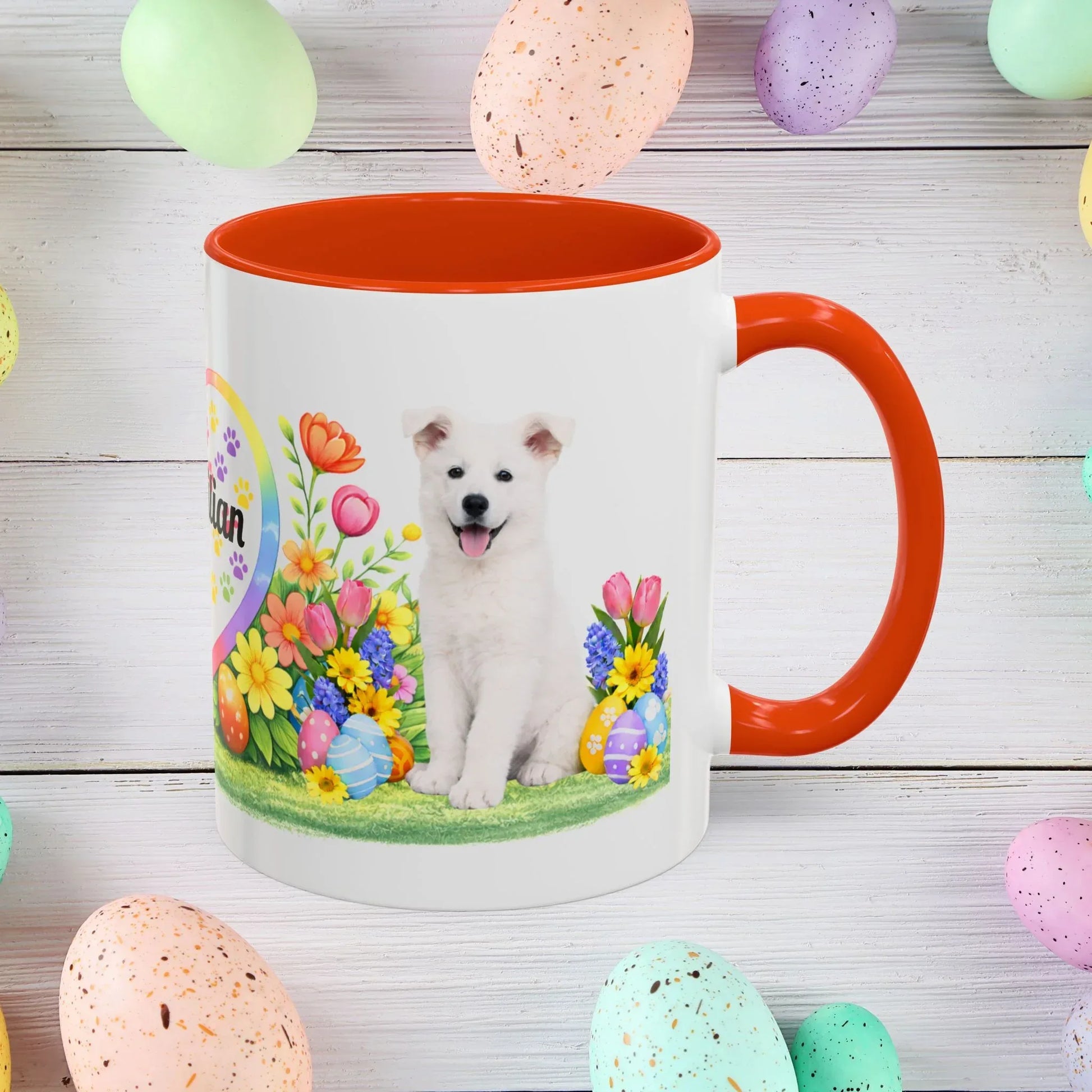 Shop our german shepherd white puppy easter mug featuring the 11oz style option from MySisterIsASurvivor.