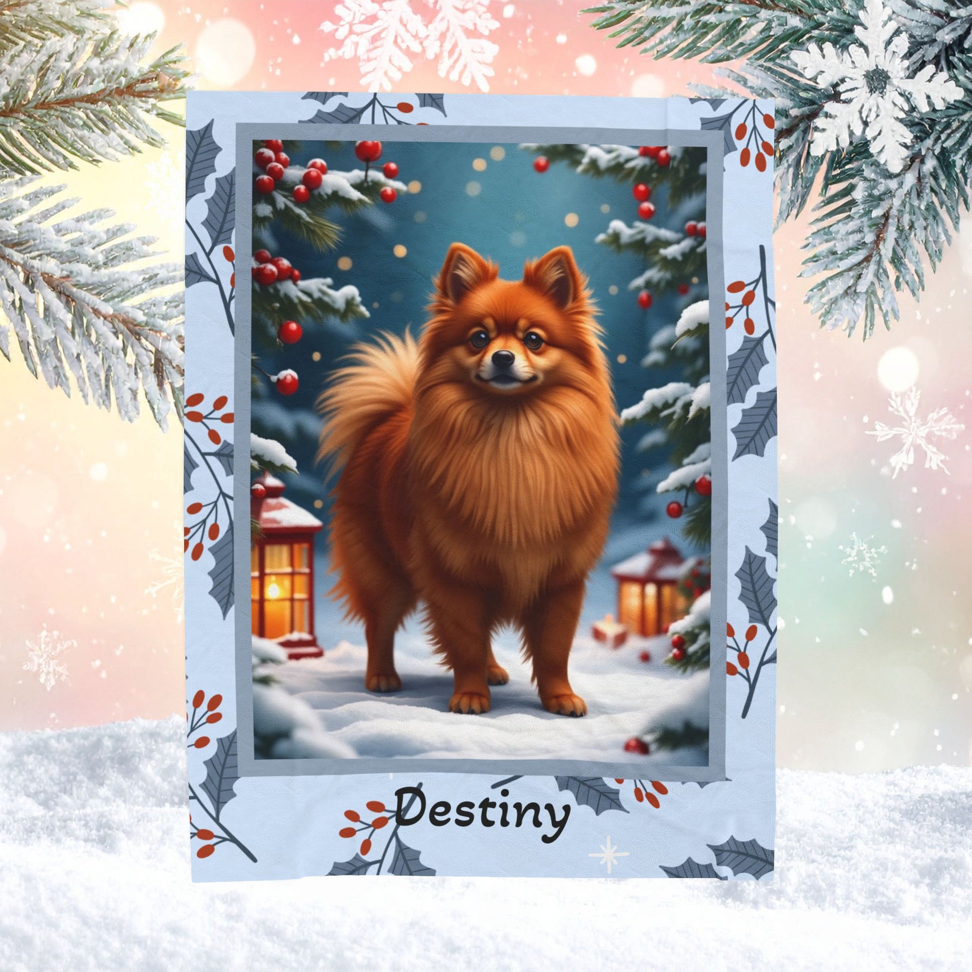 Pomeranian Red custom winter blanket with a vibrant red Pom in a bright illustrated lodge-style setting