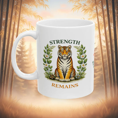 Shop our strength remains tiger mug featuring the 15oz style option from MySisterIsASurvivor.