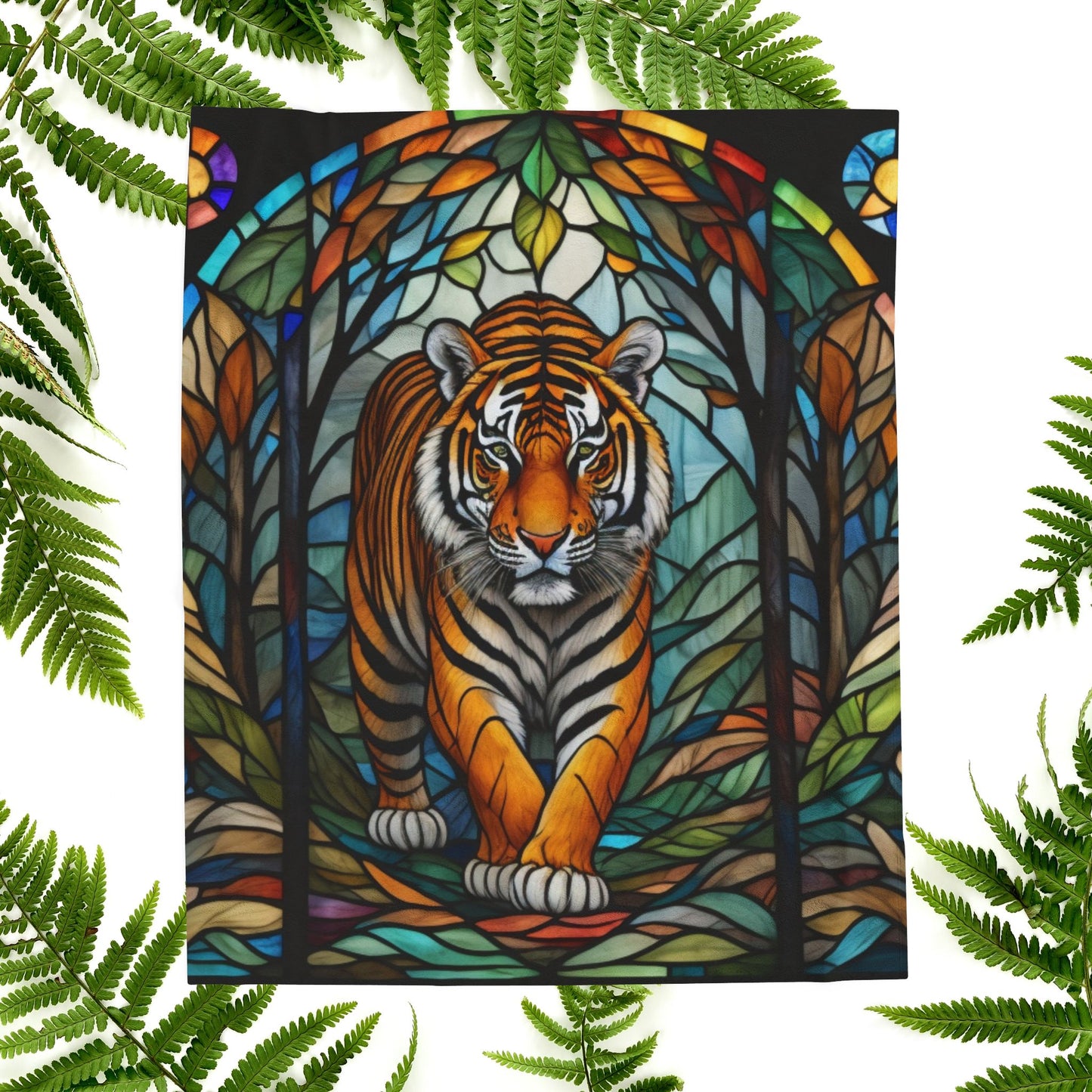 A fierce tiger blanket with stained glass-style art that combines power, color, and coziness.