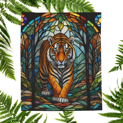 A fierce tiger blanket with stained glass-style art that combines power, color, and coziness.