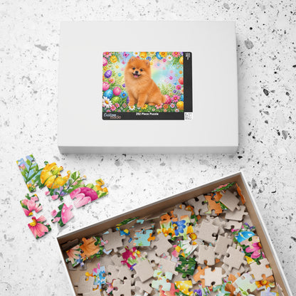 Pomeranian (Orange) Easter Puppy Puzzle - Spring Garden with Eggs, Tulips, and Daisies