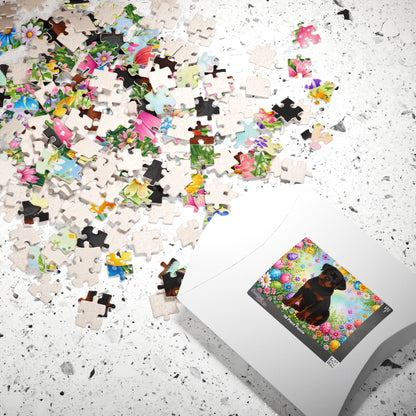 Rottweiler (Black & Mahogany) Easter Puppy Puzzle - Spring Garden with Eggs and Wildflowers