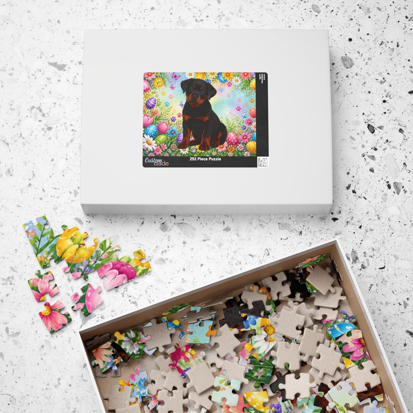 Rottweiler (Black & Mahogany) Easter Puppy Puzzle - Spring Garden with Eggs and Wildflowers