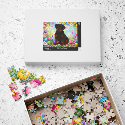 Rottweiler (Black & Mahogany) Easter Puppy Puzzle - Spring Garden with Eggs and Wildflowers