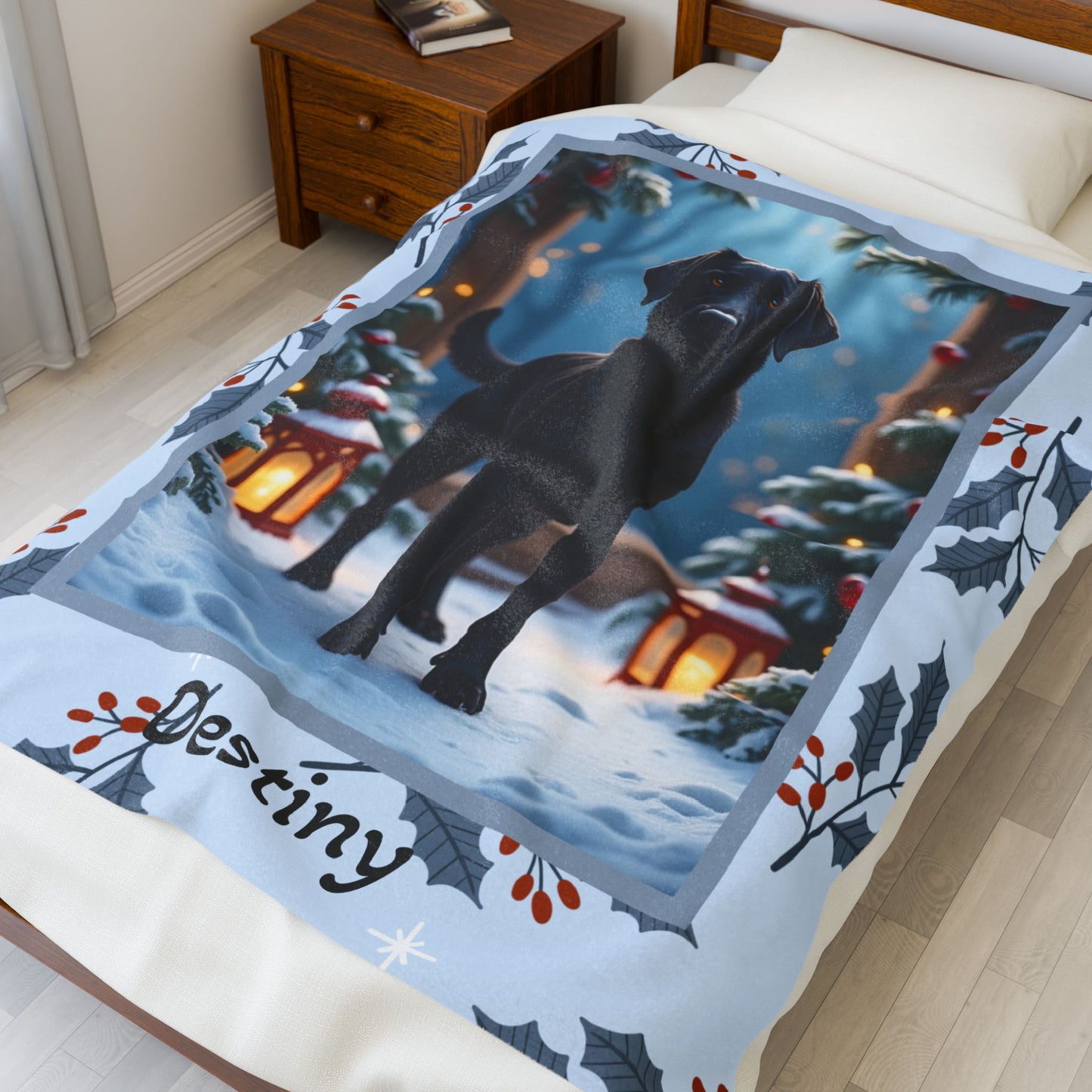 Labrador Retriever Black custom winter blanket featuring a loyal Lab in a bright lodge-style snowy illustration