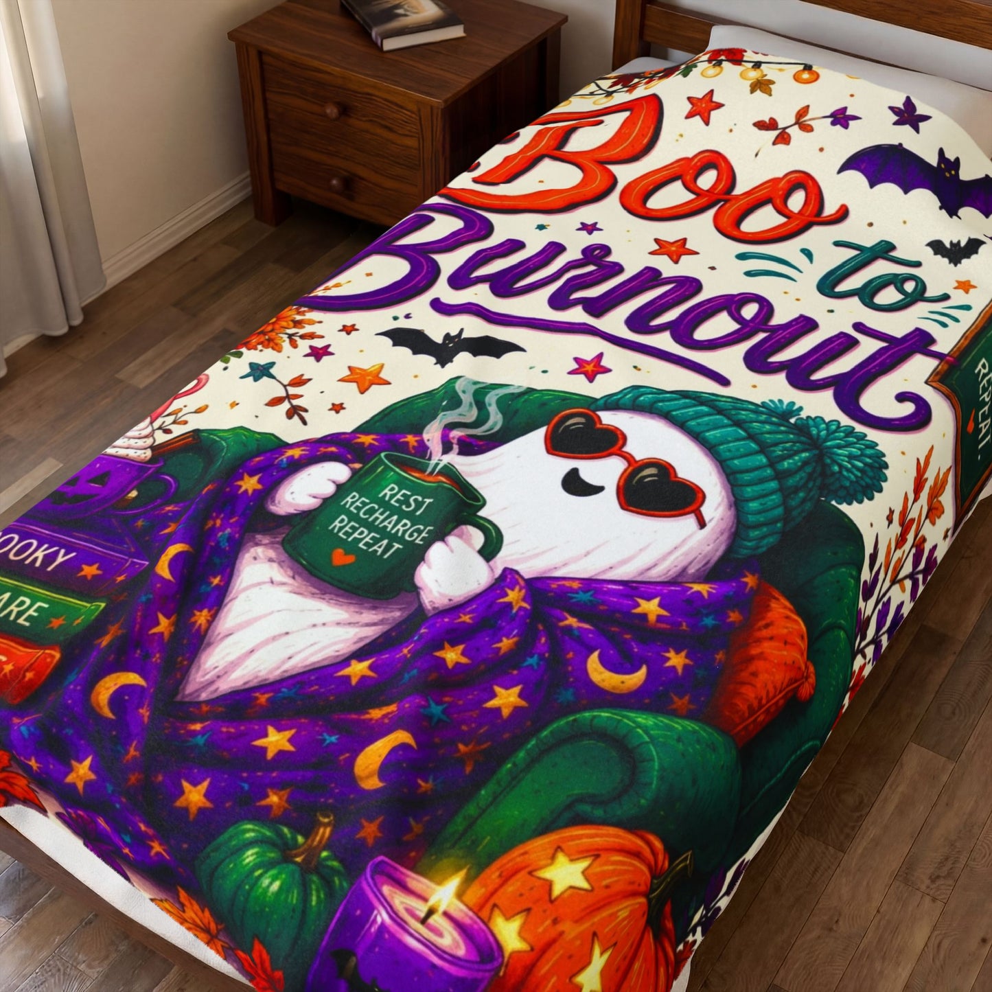Boo to Burnout Velveteen Blanket - Ghost with Rest Recharge Repeat Mug and Self Care Boundaries Books