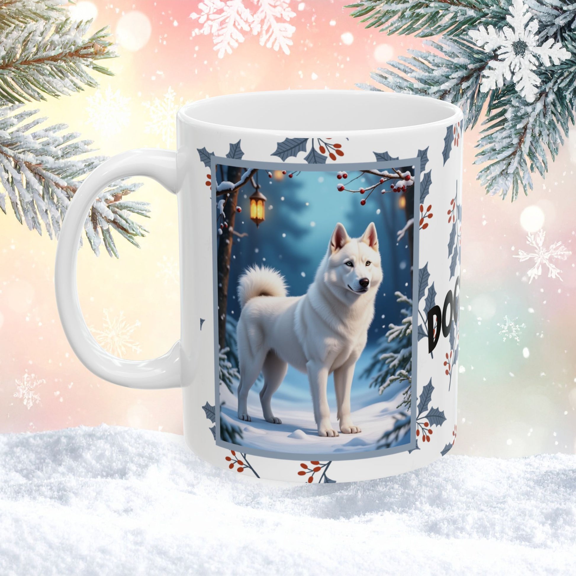 Husky (White) Winter Mug - white husky illustrated standing in a peaceful winter scene with snowy landscape