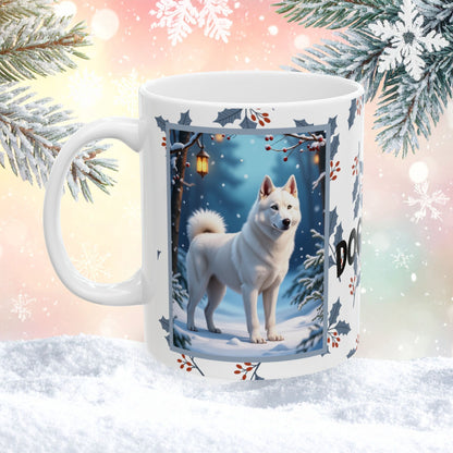 Husky (White) Winter Mug - white husky illustrated standing in a peaceful winter scene with snowy landscape