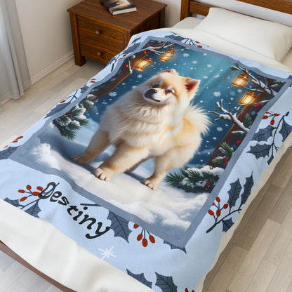 Pomeranian White and Cream personalized winter throw featuring a fluffy Pom in a glowing lodge winter scene