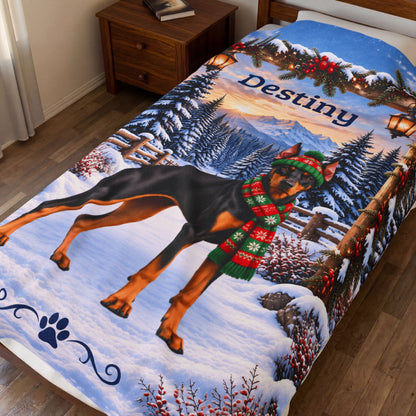 Doberman (Black & Rust Coat) - Personalized Winter Blanket, Lantern Woodland Custom Name Throw